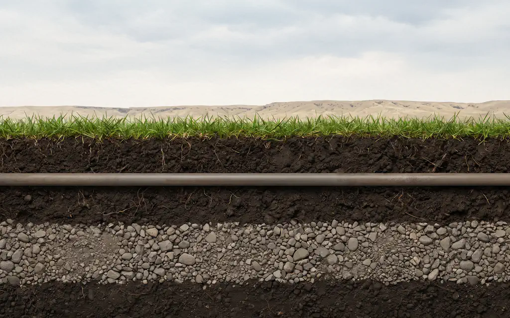 An illustration of a slice through the ground seen from the side: living grass along the top, dark topsoil beneath it, a layer of graded stone under that, packed earth at the bottom, and a single pipe running through the soil. Low light and a dry ridge sit above the grass line.