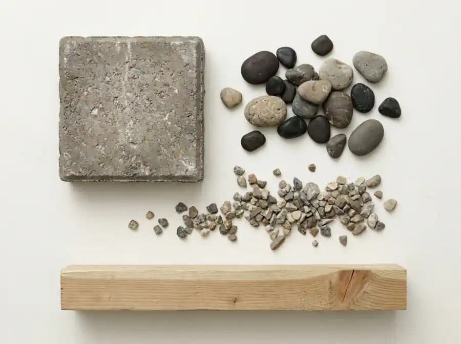 An illustration of one paving stone, a scatter of decorative rock and gravel, and a cut length of timber, arranged on an empty pale background.